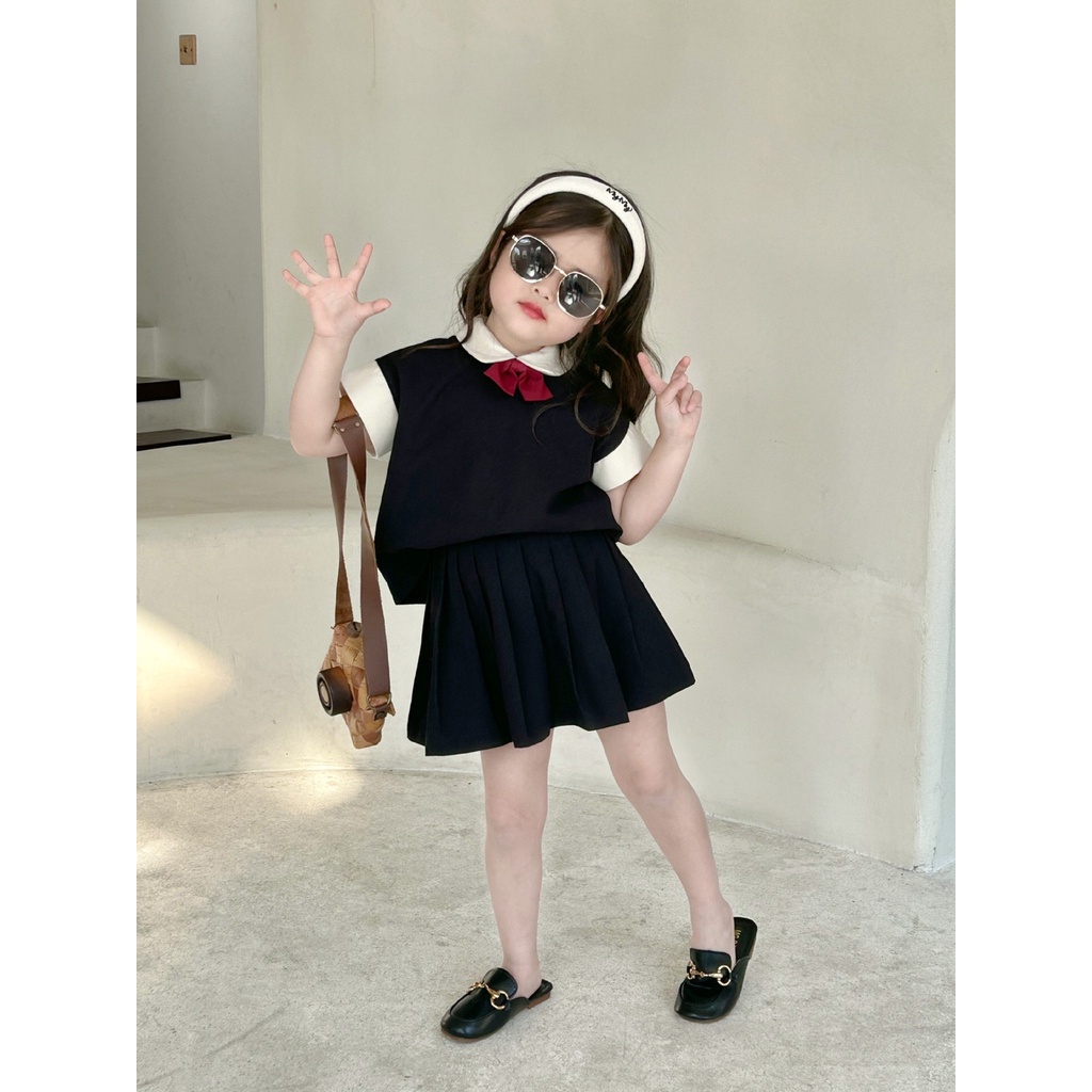 Bộ Áo Thun + Chân Váy Xếp Ly Phong Cách Preppy Thời Trang Mùa Hè 2023 Mới