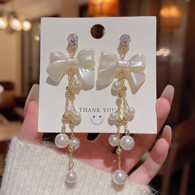 Đôi Bông Tai Dáng Dài Phối Nơ Đính Đá Thời Trang Cho Nữ