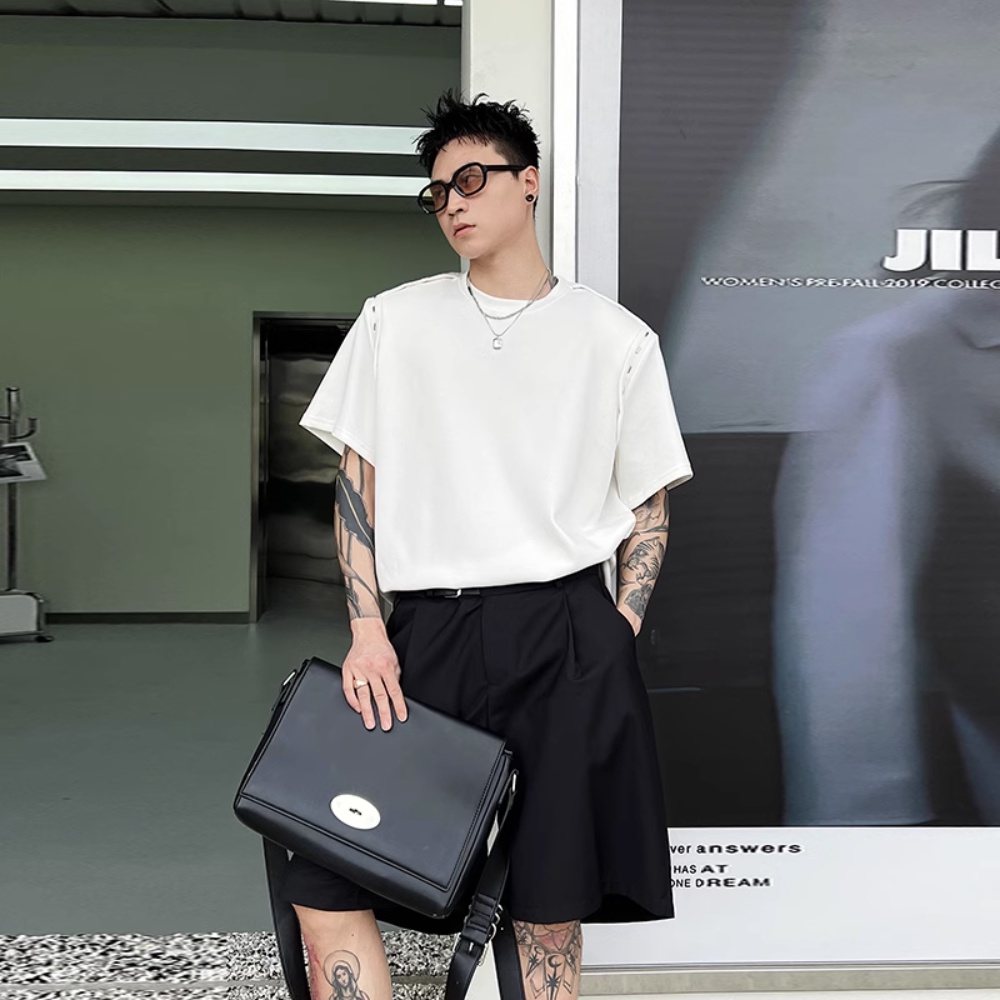 [Love Wearing Help] Áo Thun Tay Ngắn Có Đệm Vai Cảm Giác Kim Loại Trang Trí Phong Cách Hàn Quốc ins Xu Hướng Niche Cho Nam