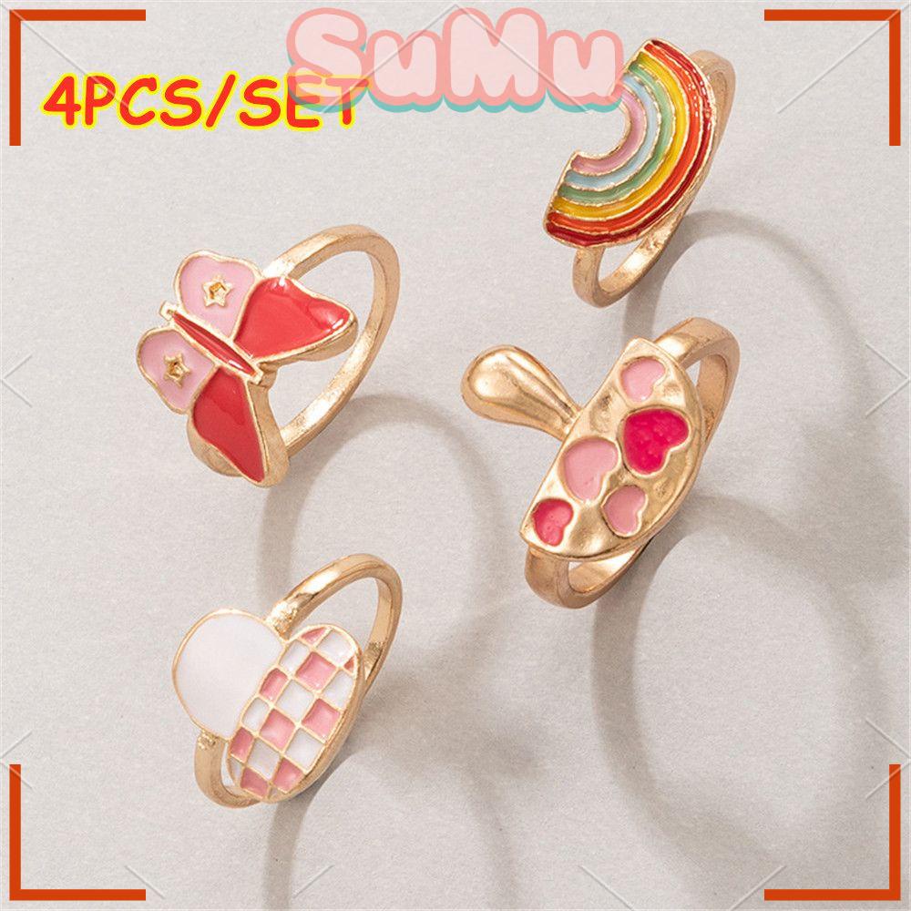 Set 4 Nhẫn Hình Bướm Tráng Men Acrylic Thời Trang