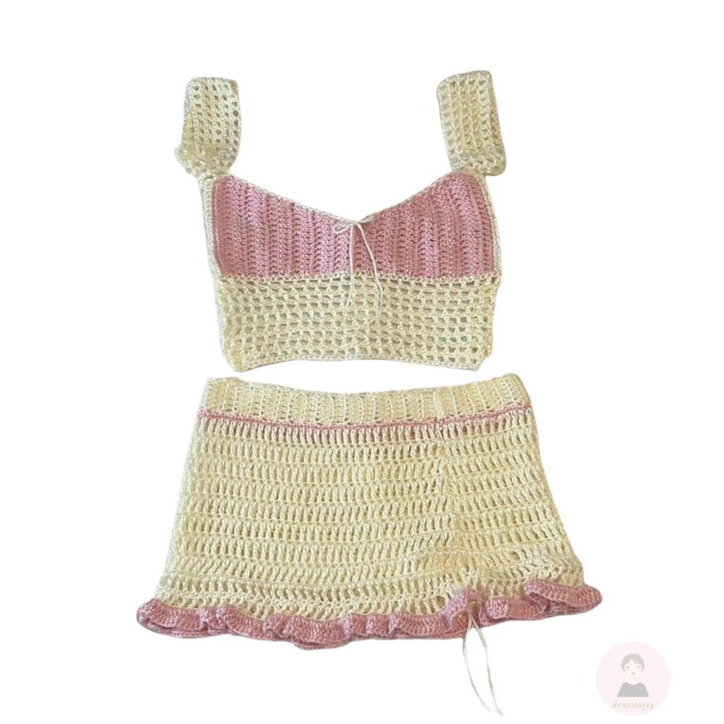 Bộ Trang Phục Mùa Hè 2 Món Gồm Áo Dệt Kim Buộc Dây + Chân Váy Màu Sắc Tương Phản Cho Nữ