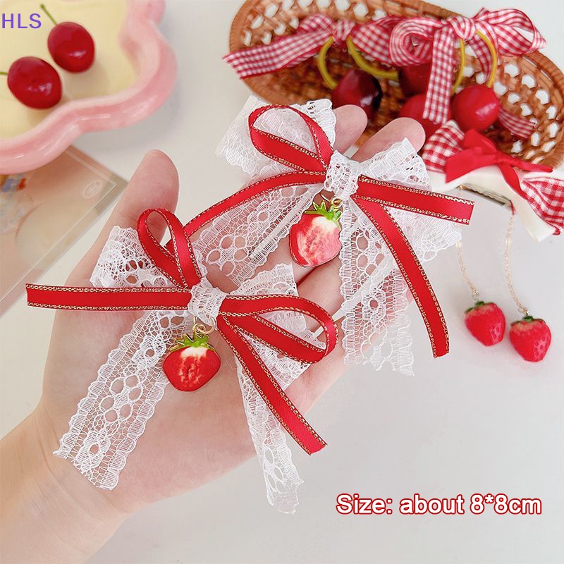 1 Cặp Kẹp Tóc Hình Quả Cherry Đỏ Hai Lớp Phối Ren Phong Cách Lolita