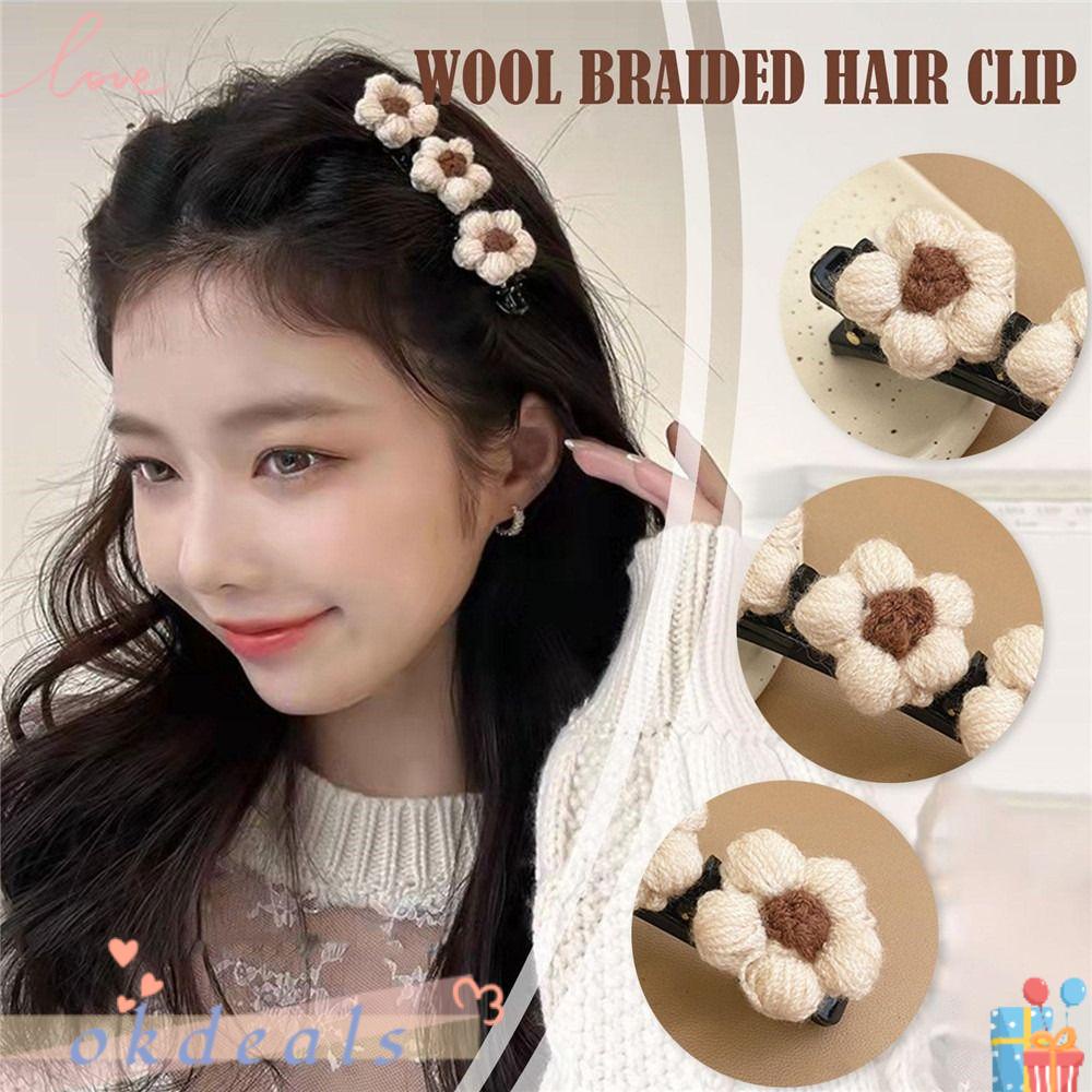 OKDEALS Bộ 2 / 7 Kẹp Tóc Bện Bằng Len Satin Hình Hoa Xinh Xắn