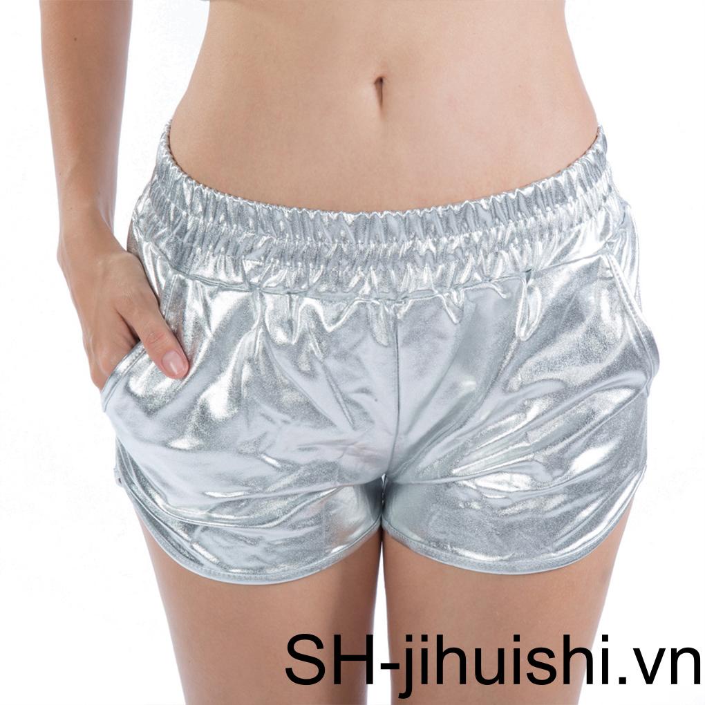 Quần Short Da PU Co Giãn Phối Túi Màu Ánh Kim Lấp Lánh Thời Trang Dự Tiệc Cho Nữ