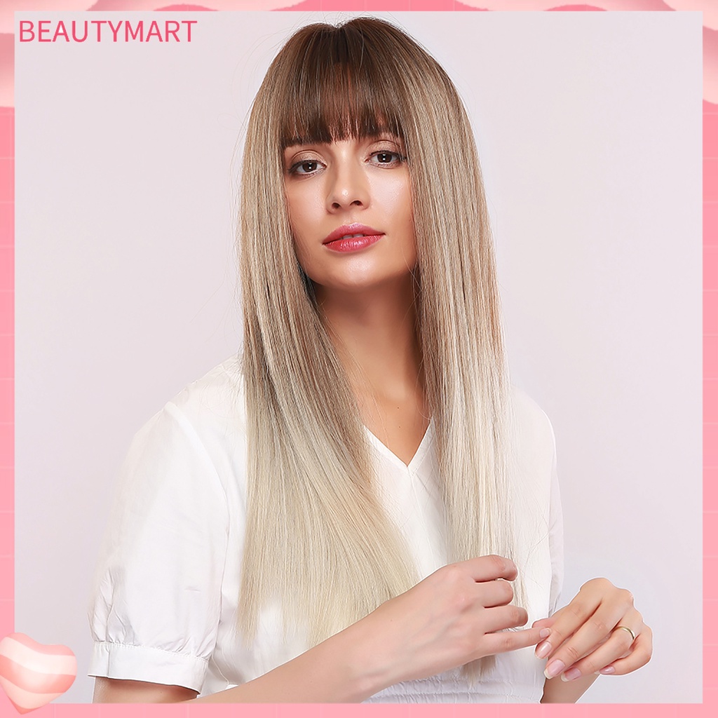 Bộ Tóc Giả Dài Thẳng Tự Nhiên 24 Inch Chịu Nhiệt Kèm Mái Bằng Sợi Tổng Hợp Dành Cho Nữ