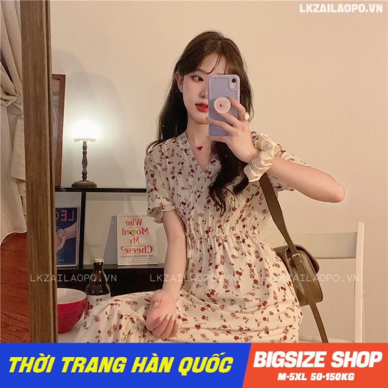 Đầm hoa nhí Bigsize Váy nữ dáng suông tay ngắn cổ chữ v che bụng mỡ ôm eo chữ a mùa hè Phong cách Hàn Quốc Thời Trang cá tính xinh đẹp cho người mập béo nữ