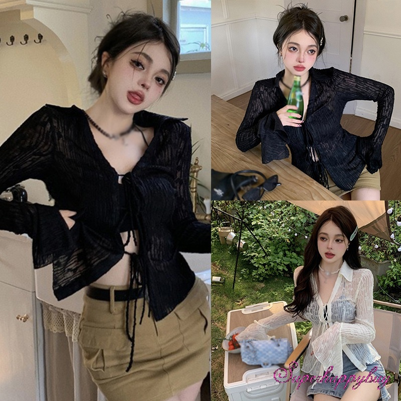 Áo Sơ Mi Chiffon Màu Trơn Cột Dây Eo Trong Suốt Chống Nắng Thoáng Khí Dành Cho Nữ