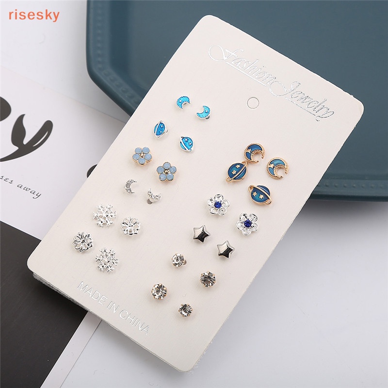 Set 12 Cặp Bông Tai Hợp Kim Hình Trăng Sao / Bông Tuyết Đính Đá Dễ Thương Cho Tuổi Teen