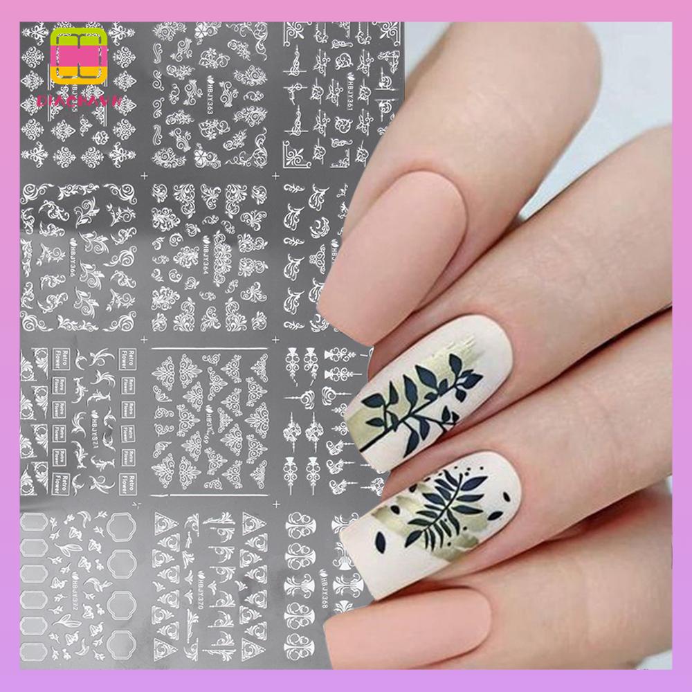 DIACHAVN Tấm 12 Miếng Dán Trang Trí Móng Tay 3D Màu Trắng Đen Dành Cho Dịp Valentine