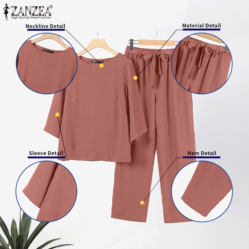 Zanzea Bộ Áo Tay 3 / 4 Cổ Tròn Kèm Quần Dài Lưng Thun Phong Cách Vintage Dành Cho Nữ