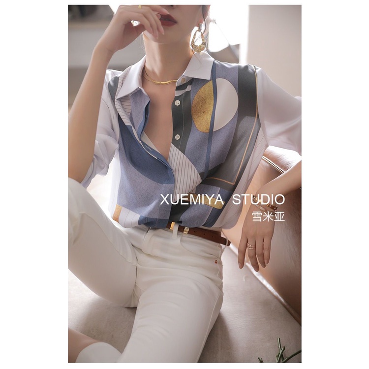 Áo Sơ Mi Satin Cao Cấp Tay Dài Dáng Rộng In Họa Tiết Màu Sắc Tương Phản Thời Trang Mùa Thu 2023 Cho Nữ