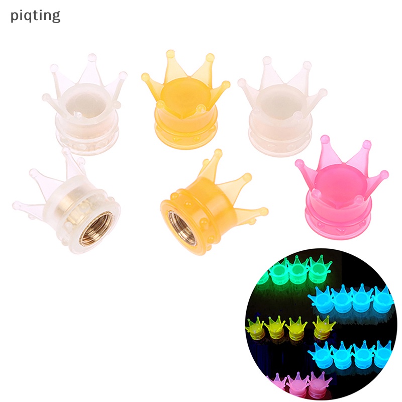 Piqt set 4 Nắp Van Bánh Xe Hơi / Xe Tải / Xe Máy Hình Vương Miện Dạ Quang Thông Dụng