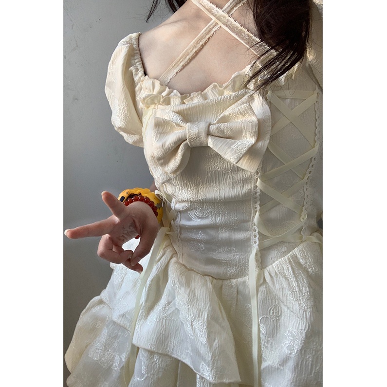 Đầm Công Chúa Mori Ngắn Thắt Nơ Màu Trắng Phong Cách Công Nghiệp Mùa Hè Hàng Mới 2023