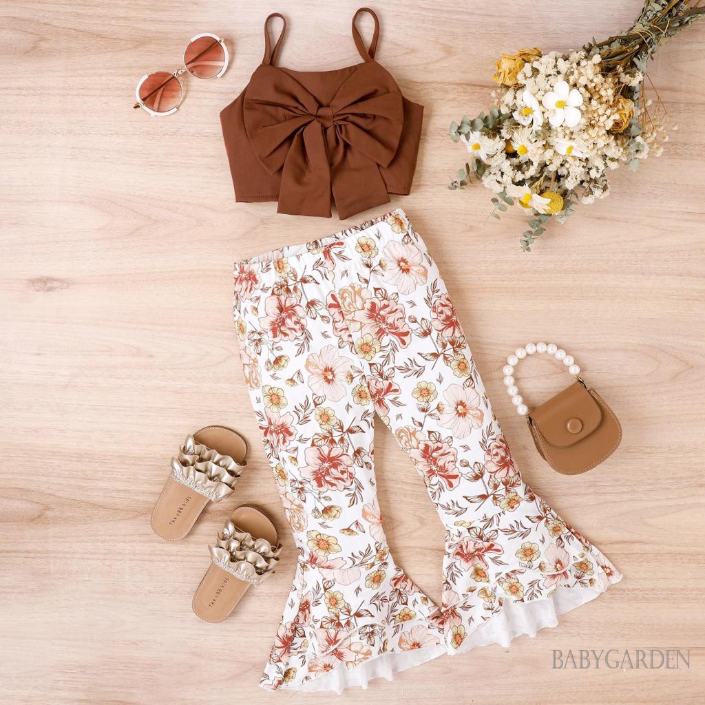 Set Đồ Mùa Hè Gồm Áo Hai Dây In Họa Tiết Hoa + Quần Dài + Áo Hai Dây Thắt Nơ Xinh Xắn Cho Bé Gái / 4-7 Tuổi