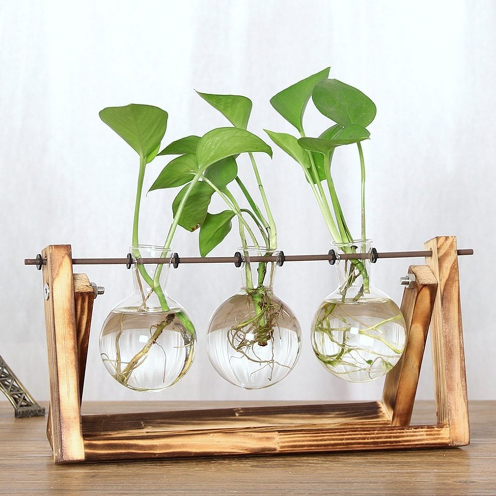 =Christmas=Glass Planter Bulb Desktop Vase Retro Solid Wooden Stand Plants Swivel Holder