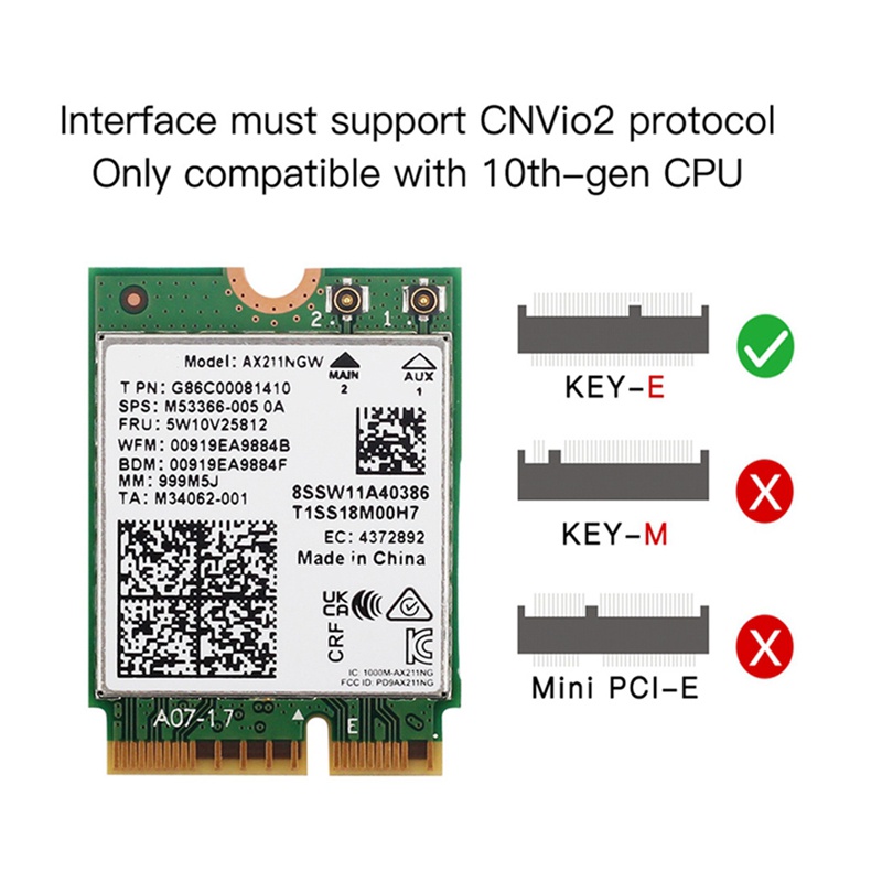 Thẻ Mạng Wifi Không Dây 6E AX211NGW 2.4G / 5G / 6Ghz Cho Bluetooth 5.2 AX211 M.2 KeyE CNVio Windows10