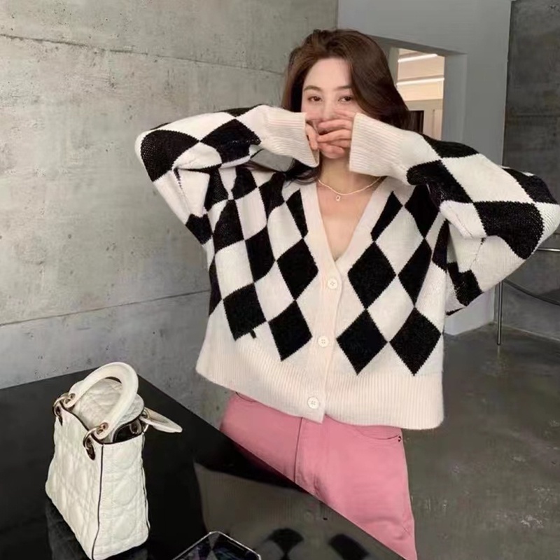 Áo Khoác Len cardigan Dáng Rộng Họa Tiết Hình Thoi Thời Trang Cho Nữ