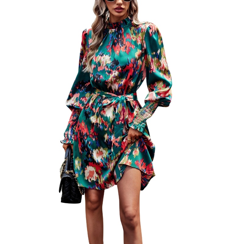 Đầm Chữ A Tay Dài Cổ Nhún Bèo In Họa Tiết Hoa Tinh Tế Thời Trang Xuân Hè Cho Nữ