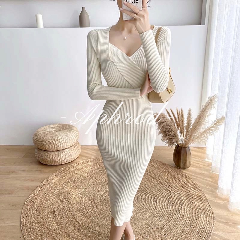 Aphrod Đầm sweater Dệt Kim Ôm Dáng Dài Thắt Nút Xoắn Phong Cách Pháp Mới Cho Nữ