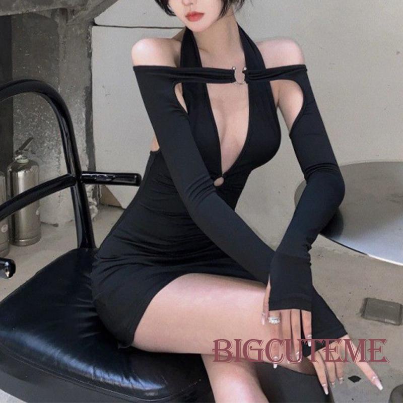 [] Đầm Ngắn - Đầm Ôm + Đầm Tay Dài Cổ Chữ V Hở Lưng Màu Trơn Buộc Dây Thời Trang Mùa Hè Cho Nữ