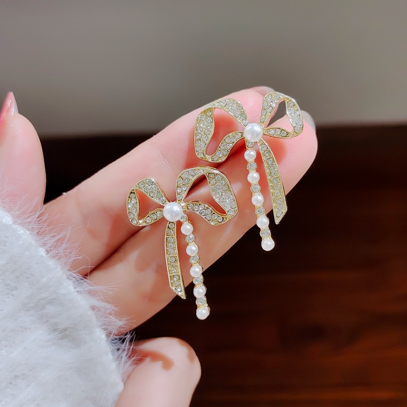 Bông Tai Mạ Bạc 925 Hình Nơ Đính Ngọc Trai Thời Trang