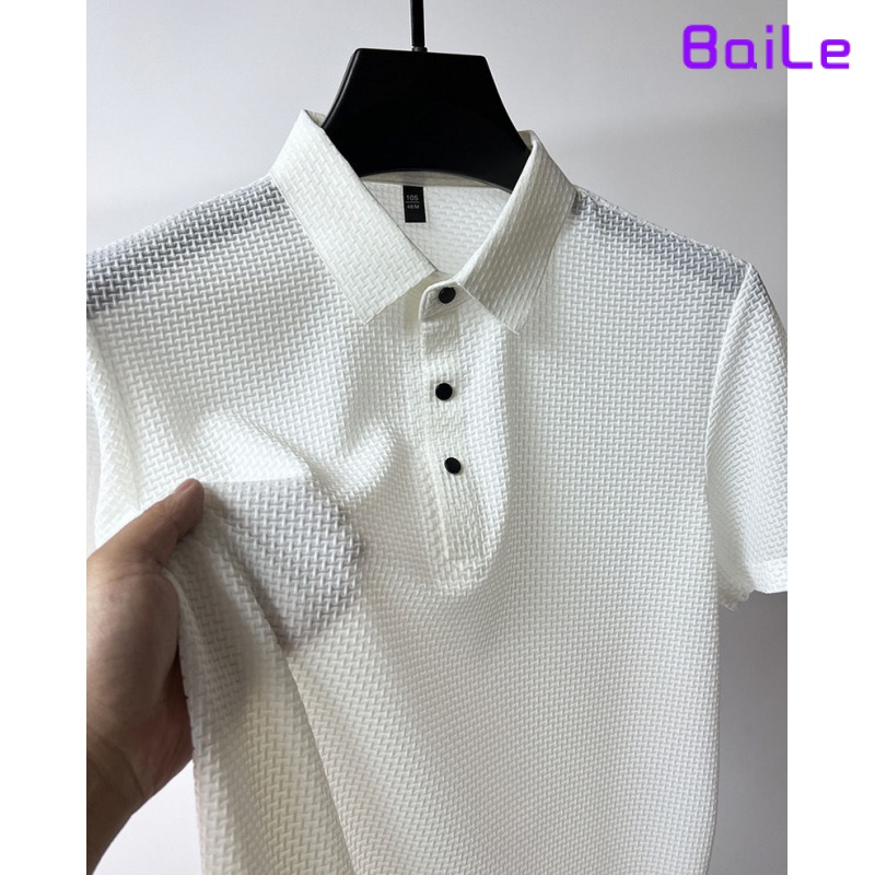 Áo Thun polo Vải Lụa Lạnh Màu Trơn Tay Ngắn Phối Lưới Thời Trang Mùa Hè Cho Nam