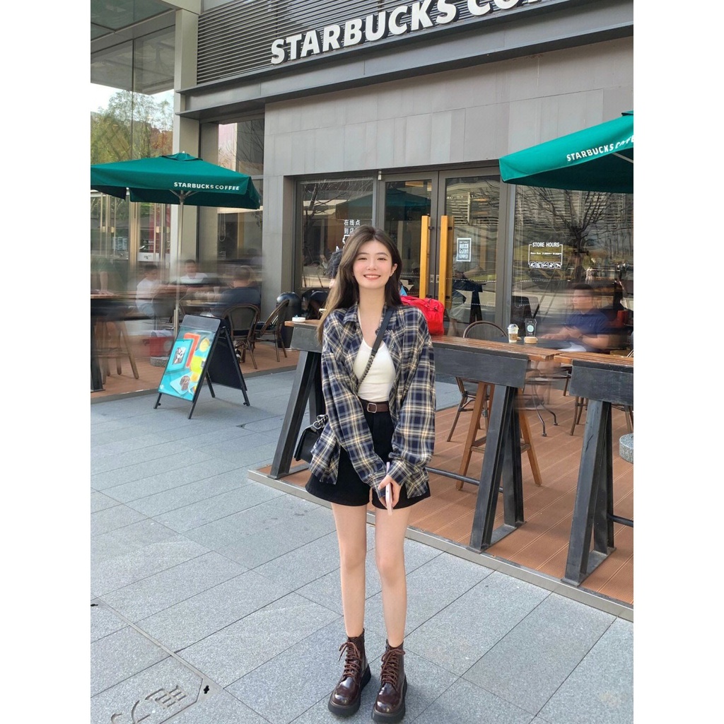 Áo Sơ Mi Caro Tay Dài Dáng Rộng Phong Cách Retro Dành Cho Nữ