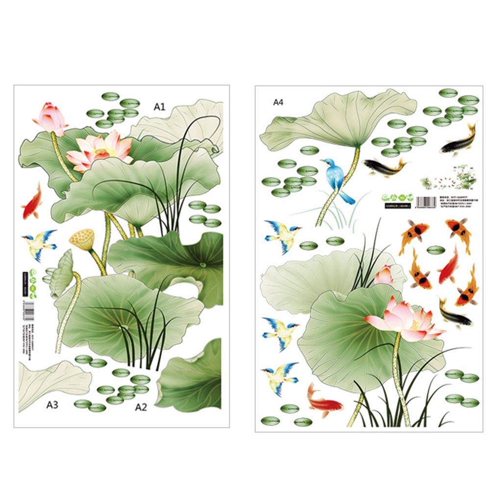 Set 2 Miếng Dán Tường Chống Nước Tự Dính Họa Tiết Hoa Sen / Chim Bay Phong Cách Trung Hoa Trang Trí Phòng Ngủ