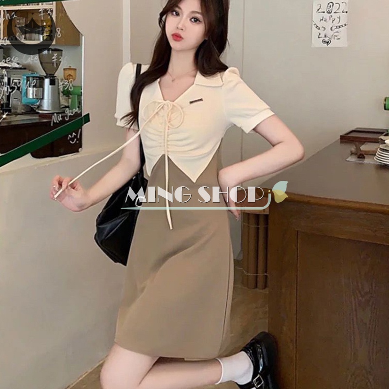 Đầm Giả Hai Lớp Cổ Chữ V Màu Sắc Tương Phản Phong Cách Retro Dành Cho Nữ