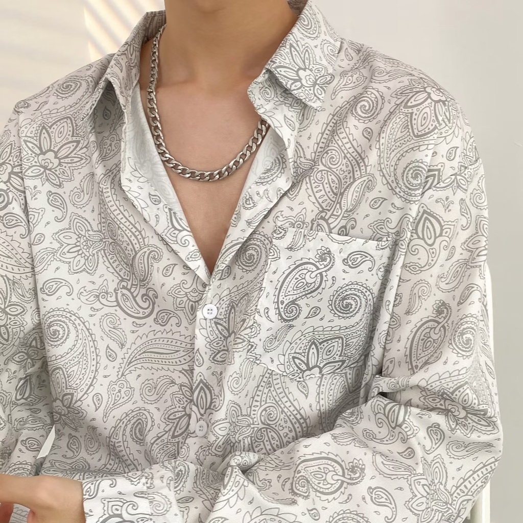 Áo Sơ Mi Tay Dài Dáng Rộng In Họa Tiết Phong Cách Hàn Quốc Thời Trang Mùa Hè Cho Nam