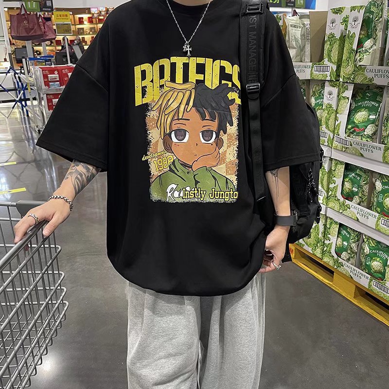 Áo thun nam ngắn tay hoạt hình mùa hè phong cách retro của Mỹ thương hiệu thời trang nửa tay rộng rãi phong cách hip-hop