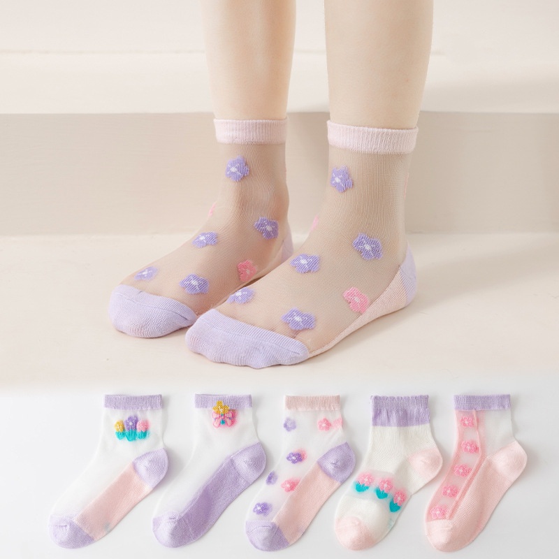 Bộ 5 Đôi Vớ Cotton Lụa Lạnh Mỏng Thoáng Khí In Hoạt Hình Dễ Thương Thời Trang Mùa Hè Cho Bé Gái