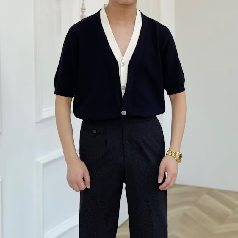 Áo Thun Tay Ngắn Giả Hai Lớp Cổ Chữ V Màu Sắc Tương Phản Phong Cách Hàn Quốc Thời Trang Xuân Hè Cho Nam