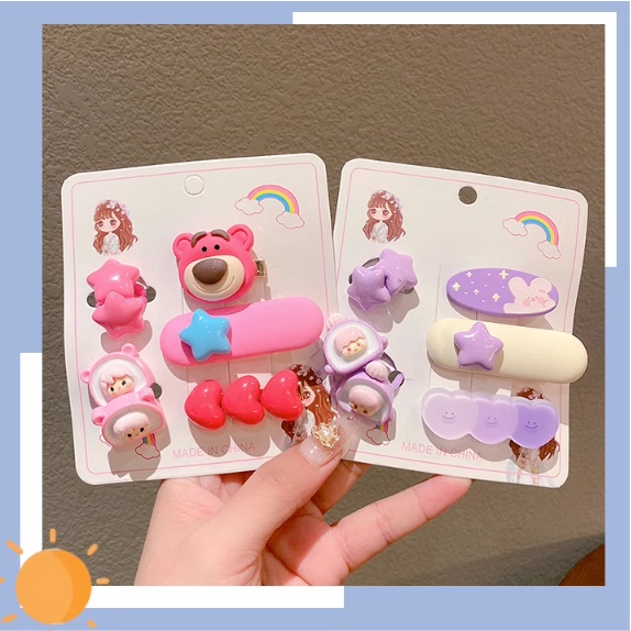Set kẹp tóc Gấu Dâu Lotso, Gấu Dâu Miniso, hình Dâu Tây dễ thương cho bé gái