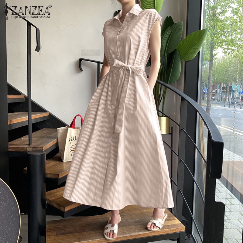 Zanzea Đầm Ngắn Tay Cổ Bẻ Họa Tiết Kẻ Sọc Phong Cách Hàn Quốc Dành Cho Nữ