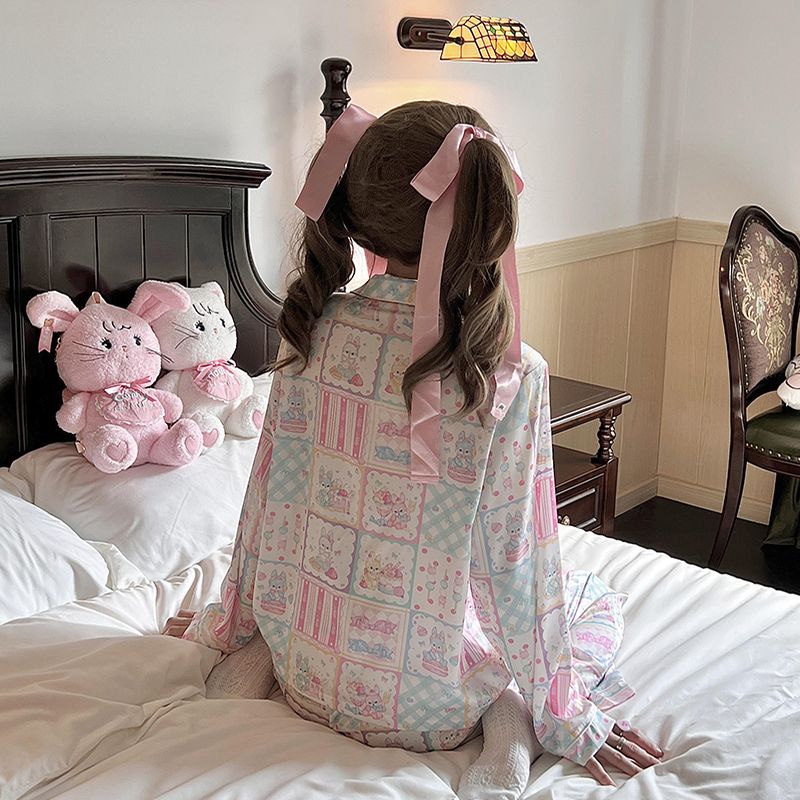 Bộ Đồ Ngủ Dài Tay Bằng Lụa Mát Họa Tiết Ngôi Sao Ngọt Ngào Thời Trang Xuân Thu Mới Cho Nữ