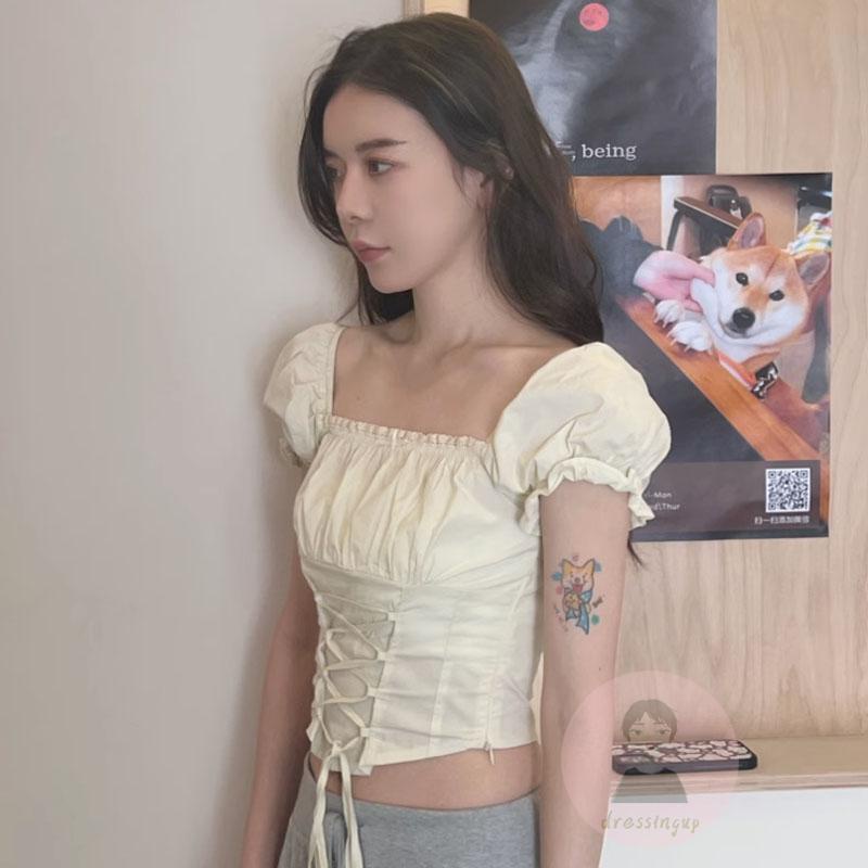 Áo Thun Ngắn Tay Cổ Vuông Thắt Dây Chéo Màu Sắc Đơn Giản Dành Cho Nữ