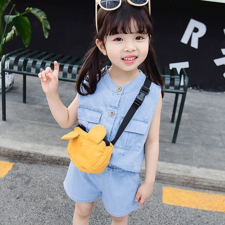 Bộ Áo Thun Cotton Sát Nách + Quần Short Denim In Họa Tiết Hoạt Hình Phong Cách Hàn Quốc Thời Trang Mùa Hè Cho Bé Trai Và Gái