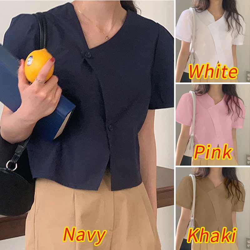 Áo Sơ Mi Ngắn Tay Cổ Tròn Màu Trơn Cài Nút Đơn Giản Phong Cách Hàn Quốc Cho Nữ