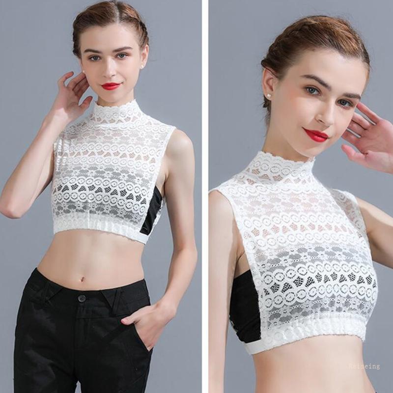 Áo Croptop Lưới Cổ Lọ Không Tay In Hoa Phối Ren Có Thể Tháo Rời Thời Trang Cho Nữ