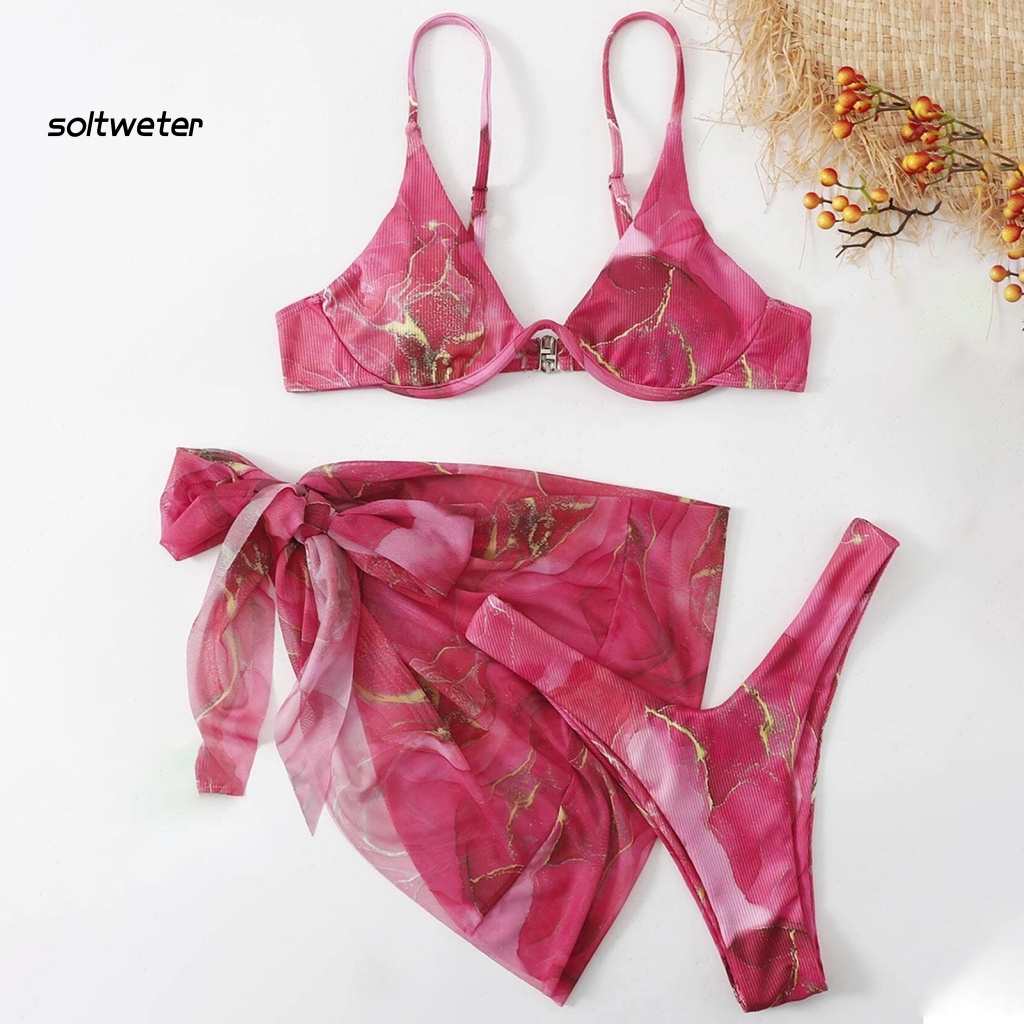 Bộ Đồ Bơi Bikini 3 Món Gồm Áo Cổ Chữ V In Họa Tiết Cẩm Thạch + Chân Váy Lưng Cao + Áo Hai Dây Nâng Ngực Gợi Cảm Cho Nữ