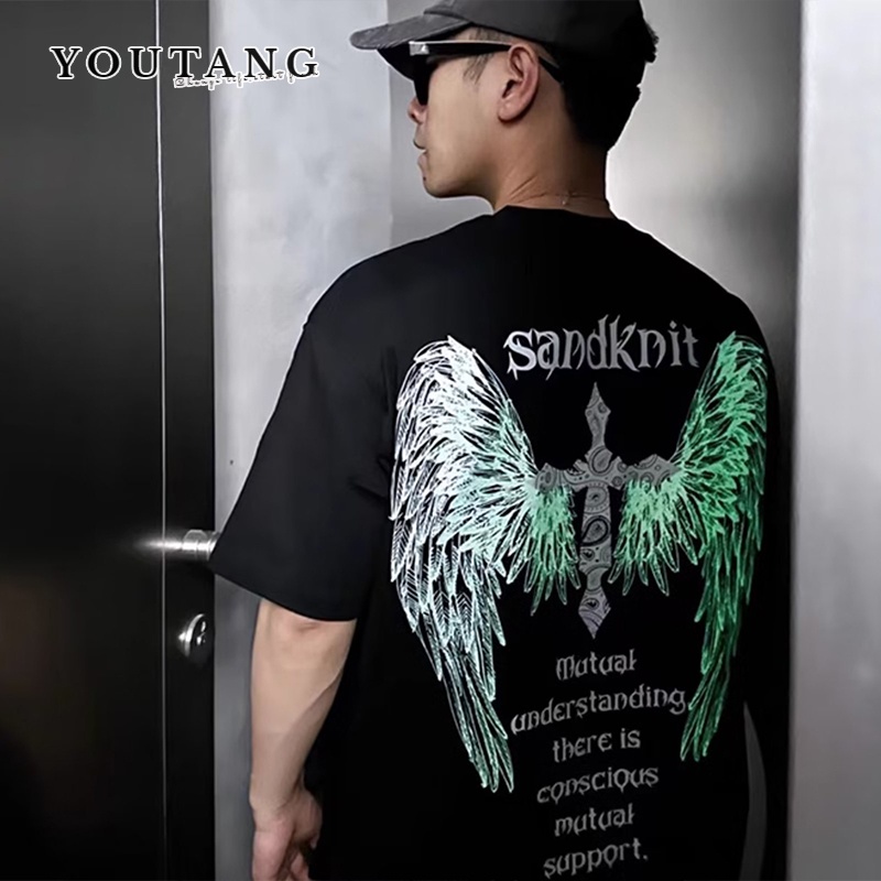 Youtag Áo Thun Ngắn Tay Dáng Rộng In Họa Tiết Cánh Chéo Màu Dạ Quang Cho Nam Và Nữ