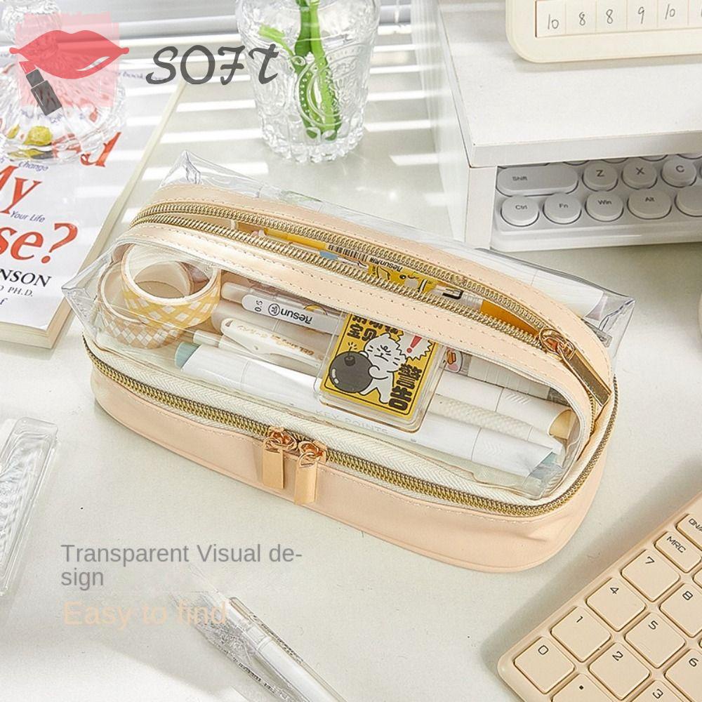 SOFTNESS Túi Đựng Bút / Mỹ Phẩm Nhiều Ngăn Trong Suốt Đa Năng Sức Chứa Lớn Có Khóa Kéo Tiện Dụng Cho Học Sinh