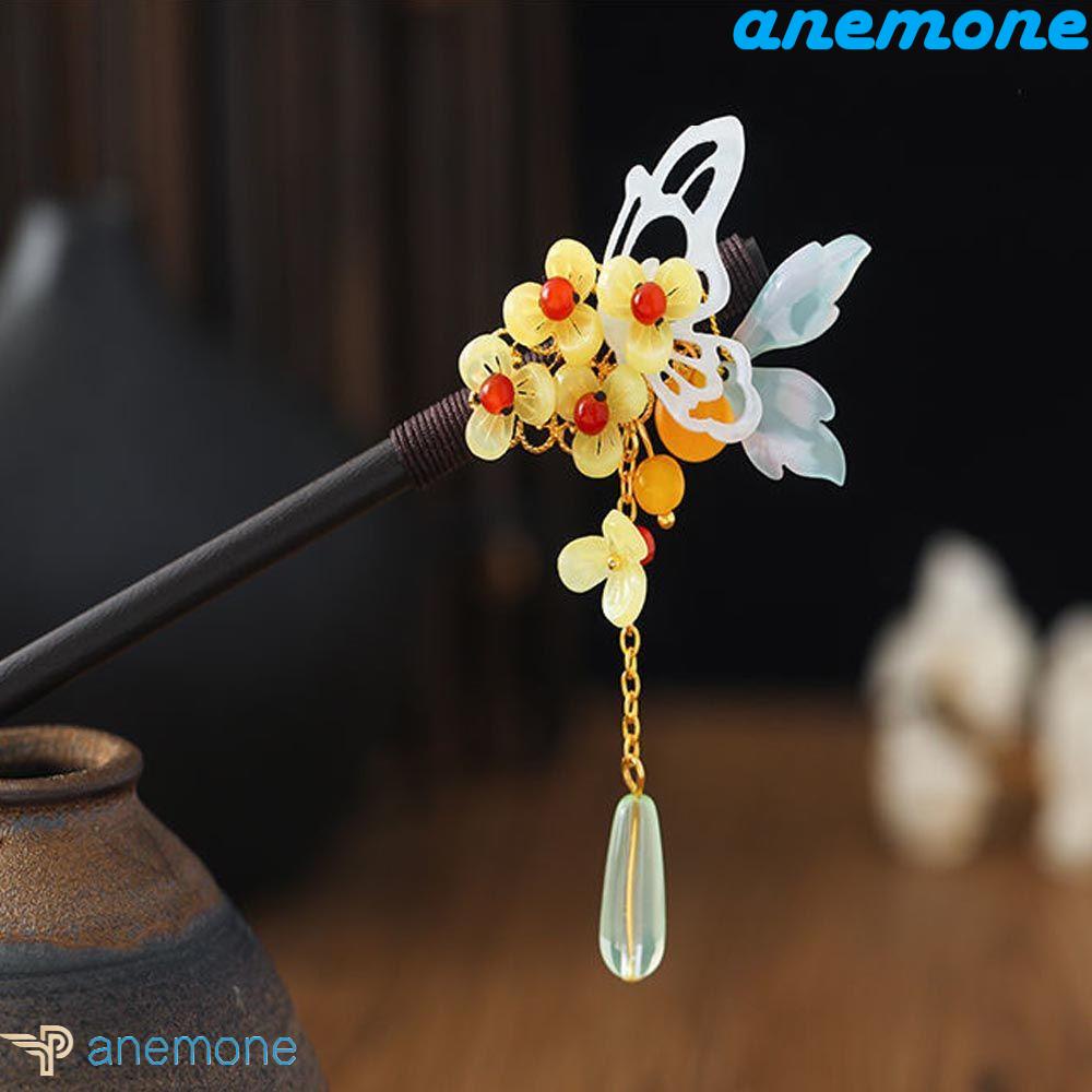 ANEMONE Trâm Cài Tóc Bằng Gỗ Hình Hoa Phối Tua Rua Phong Cách Trung Quốc Thanh Lịch Cho Nữ