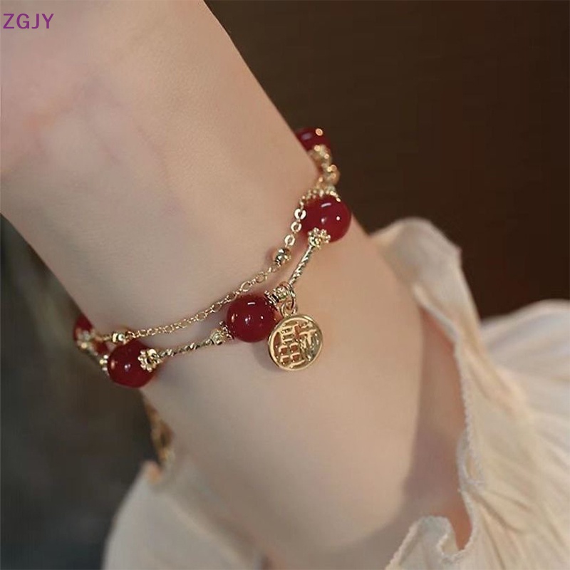 Vòng Tay Hai Lớp Xỏ Hạt Màu Đỏ Nhạt In Chữ Fu Thời Trang Cho Nữ Mới