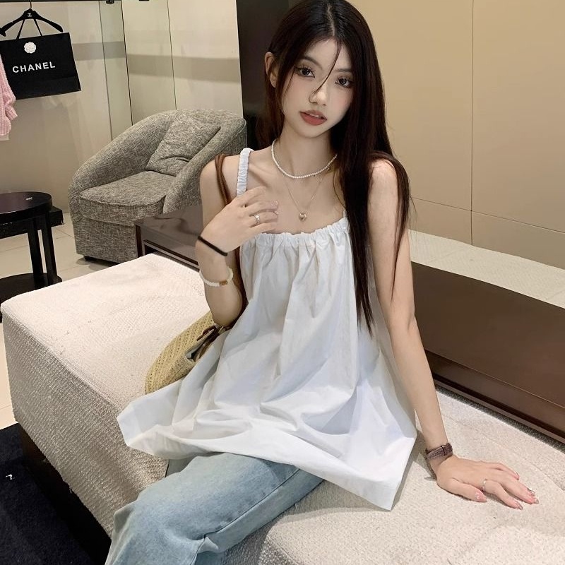 IELGY Áo Hai Dây Dáng Rộng Màu Đen Phong Cách Hàn Quốc Cho Nữ