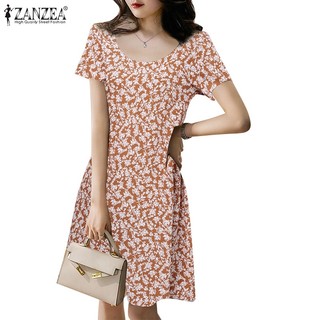 Zanzea Đầm Tay Ngắn Cổ Tròn In Họa Tiết Hoa Phong Cách Hàn Quốc Thời Trang Cho Nữ