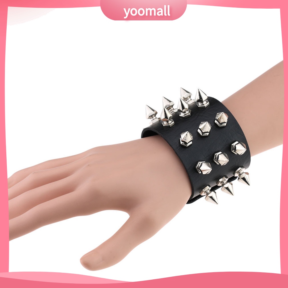 [YM] Vòng Tay Giả Da Đính Đinh Tán Mũi Nhọn Ba Đường Kẻ Bằng Thép Không Gỉ Punk