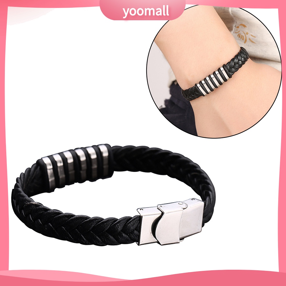 Vòng Tay Giả Da Với Mặt Thép Titan Phong Cách Punk Cho Nam