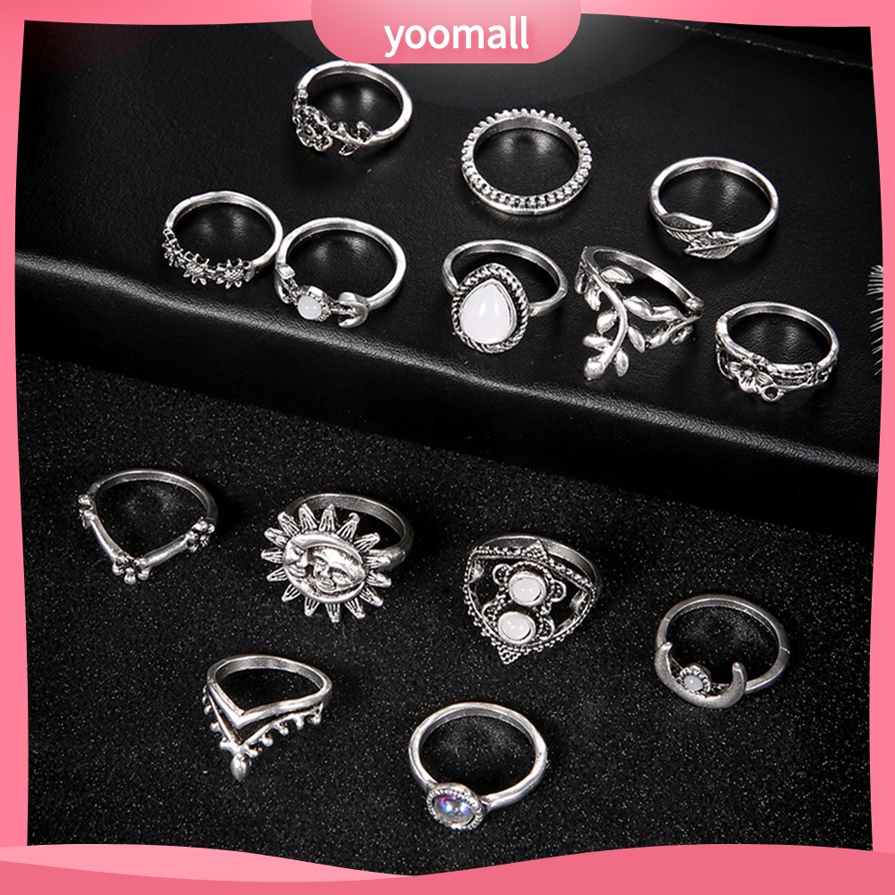 Bộ 14 Nhẫn Đeo Đốt Ngón Tay Họa Tiết Hoa Hướng Dương / Mặt Trăng Phong Cách Vintage Cho Nữ